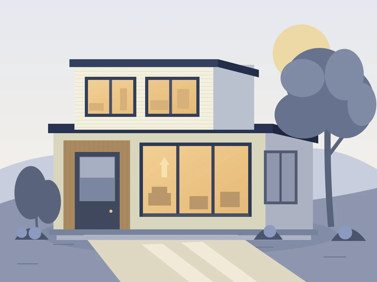 Original illustration of a contemporary home in warm ivory, blue, and coral